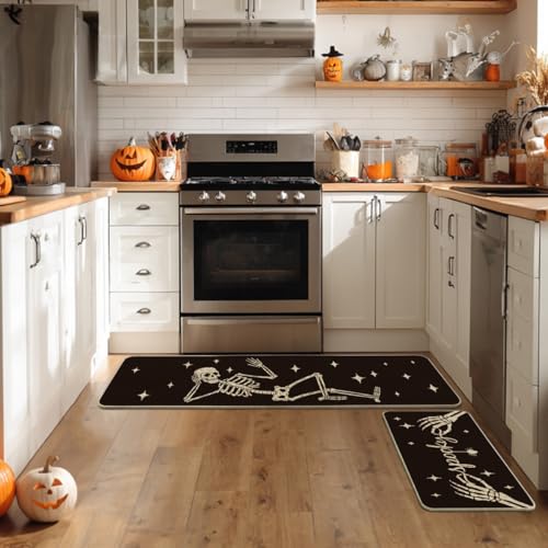 Skeleton Halloween Kitchen Mats Set of 2 - Black 17x29 & 17x59 Inches