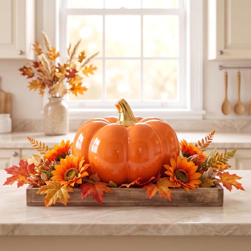 7-Inch Orange & Yellow Realistic Ceramic Pumpkins Halloween Decor - Variation B