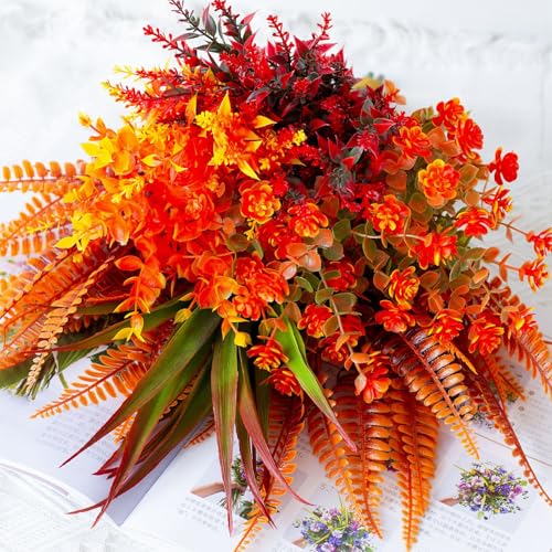 Artificial Fall Flowers Bundle - Autumn Orange & Red Decor for Indoor & Outdoor Seasonal Displays