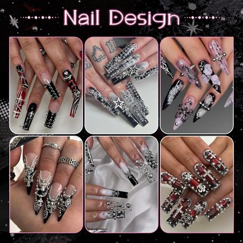 Punk Nail Charms Kit 1 Silver & Black - 3D Gothic Nail Studs & Pearls, Nail Art Accessories