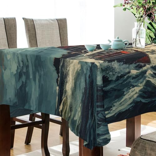 Nautical Lighthouse and Boat Tablecloth - Rectangular 90x60 Inches