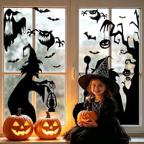 Halloween Window Clings Decor Set - Large Witch, Pumpkin, Ghost & Bat Stickers