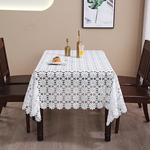 White Crochet Lace Rectangular Tablecloth 104x60 Inches Rustic Wedding & Party Cover
