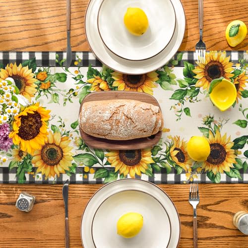 Buffalo Plaid Sunflower Table Runner 13 x 72 Inch Seasonal Kitchen Decor