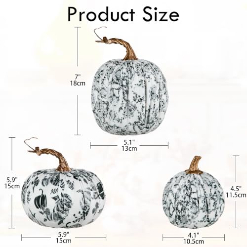 Set of 3 Velvet Fake Pumpkins - Black and White Fall Decor for Home Indoor