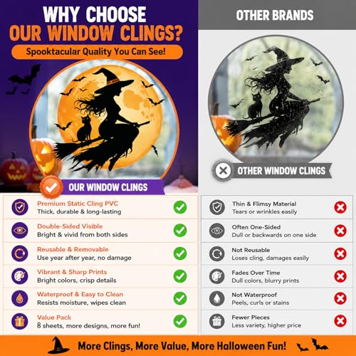 Halloween Window Clings Set Reusable Spooky Decals for Glass - Pumpkins Ghosts Bats