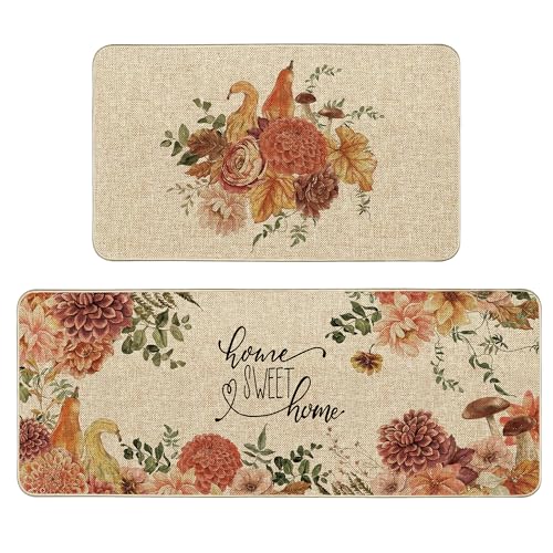 Fall Dahlia Pumpkin Kitchen Mats Set - 17 x 29 & 17 x 47 Inches, Thanksgiving Decor