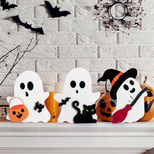 Halloween Ghost Decorations Set - Wooden Tiered Tray Indoor Home Decor