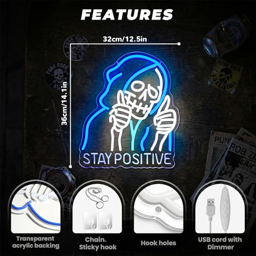 Blue Stay Positive Skeleton Neon Sign Wall Decor - Motivational LED Light for Man Cave Pub Bar Halloween