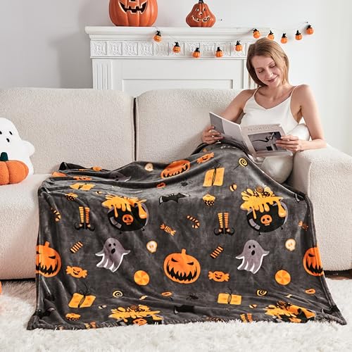 Halloween Throw Blanket with Spooky Pumpkin Bat Ghost Spider Print - Grey 50x60 Inches - Cozy Fuzzy Fleece for Couch Bed Decorations - Variation: 03 Halloween Grey / Throw-50x60