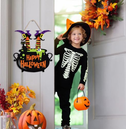 Halloween Witch Door Sign Wooden Wreath for Front Door Decoration