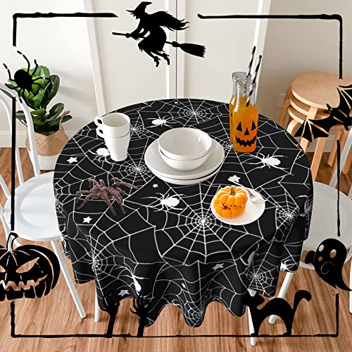 Halloween Round Tablecloth 60 Inch Spider Web Black - Festive Table Cover