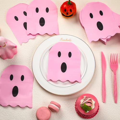 Pink Halloween Ghost Napkins 2-Ply Disposable Folded Party Tableware - 100 Sheets