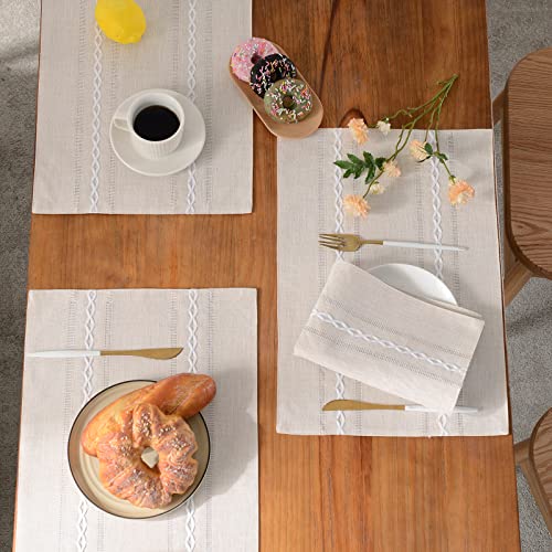 Hemstitched Ivory Cotton Linen Placemats Set of 8 - Embroidered Table Decor