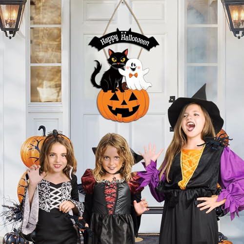 Wooden Halloween Welcome Sign - Indoor & Outdoor Decor with Pumpkin Ghost Black Cat Motifs