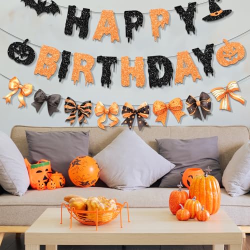 Halloween Birthday Banner - Glitter Bat & Pumpkin Decor for Girls