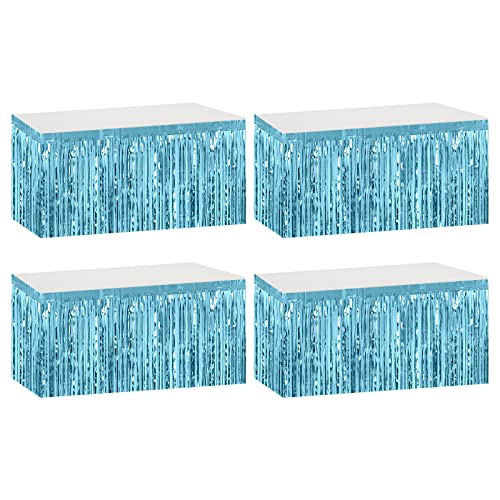 Light Blue Metallic Foil Fringe Table Skirts 29x108 Inch for Party Decor - 4 Pack