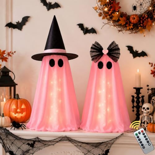 Pink Light Up Ghost Decorations - Halloween Indoor Decor with Remote Control