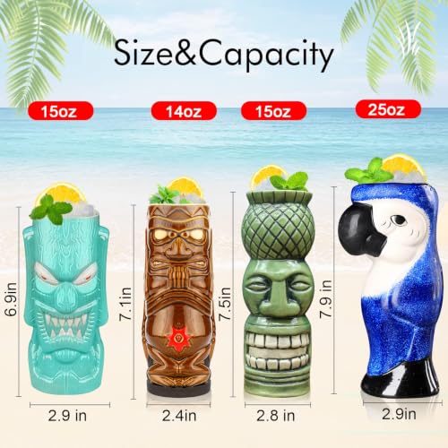 SuproBarware Tiki Mugs Set of 4 - Large Ceramic Hawaiian Party Drinkware