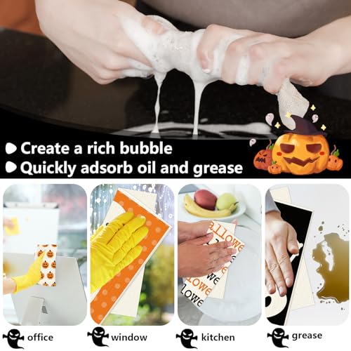 Halloween Ghost Pumpkin Swedish Dishcloths - Reusable Cotton Kitchen Towels - 4 Pack, 7x8 Inch