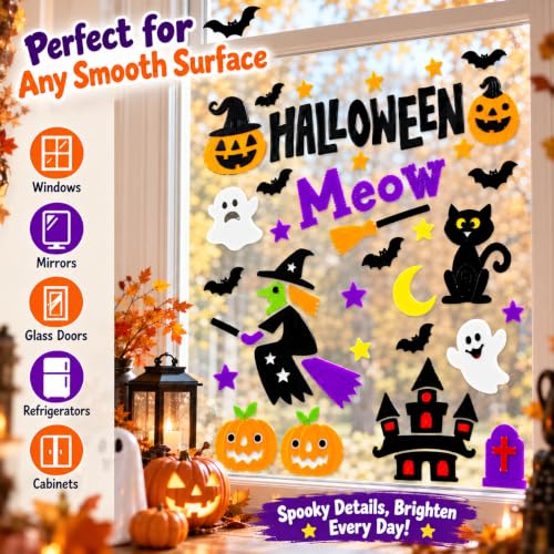 Halloween Window Gel Clings Set - Witch & Black Cat Decorations for Glass