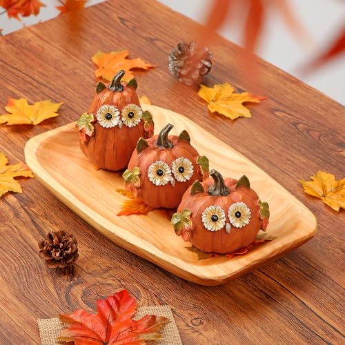 Fall Pumpkin Decor Small Fake Pumpkins with Owl Face - Orange Resin Set of 3