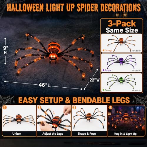 Giant Lighted Halloween Spider Set - 4.1 Ft Creepy Yard Decorations with 8 Lighting Modes