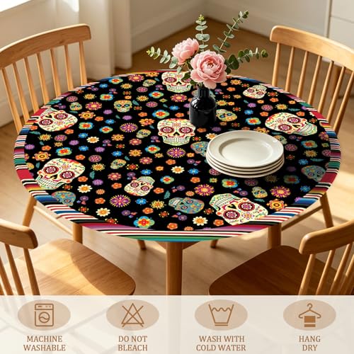 Halloween Skull Round Fitted Tablecloth with Elastic Edge - 44 Inch Orange Blue