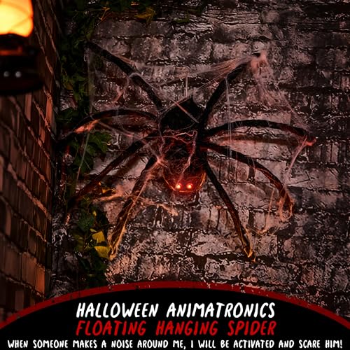 Halloween Animatronics Floating Hanging Spider - Sound Activated with Creepy Light-Up Eyes - Indoor Outdoor Haunted House Decor - Variation: Hanging Spider