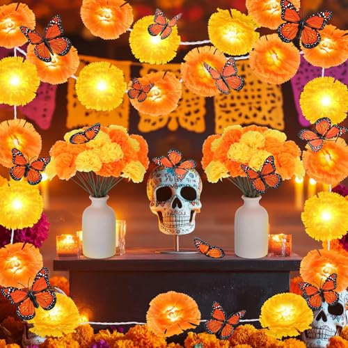 Marigold Flower String Lights & Butterfly Decorations for Day of the Dead Celebrations