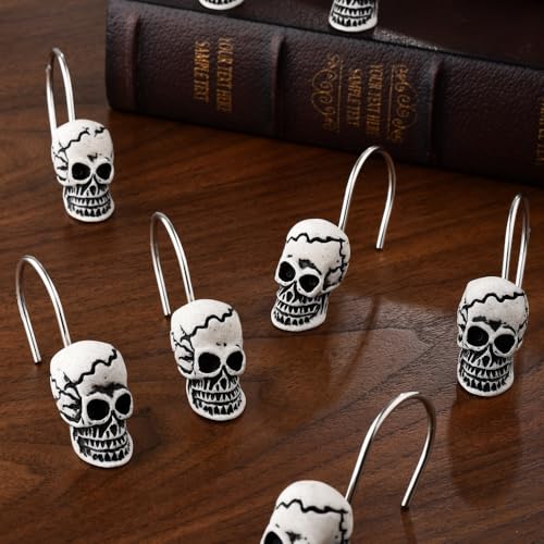 Decorative Skull Shower Curtain Hooks Set - Black Skull Design, 12PCS
