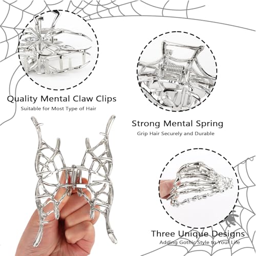 Silver Spider Hair Claw Clips - Gothic Hair Accessories for Women - 3 Pack