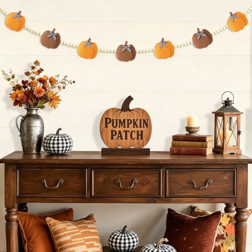 Fall Felt Pumpkin Garland with Beads - Buffalo Plaid & Natural Wood Decor
