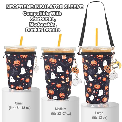 Reusable Neoprene Iced Coffee Sleeve with Handle & Charms - Halloween Variation