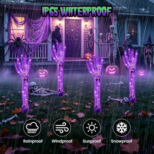Outdoor Halloween Skeleton Arm String Lights - 120 LED Purple & Green Lights with Remote & 8 Modes, Waterproof Lawn Decor