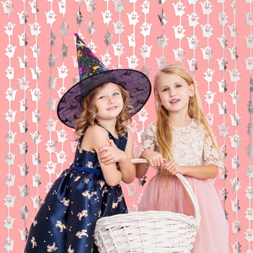 WovWeave 2 Pack Halloween Ghost Foil Fringe Curtains - Silver, 3.3x6.6 Ft