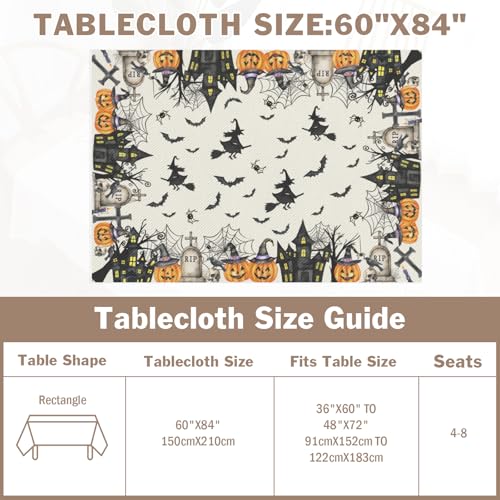 Halloween Tablecloth 60×84 Inch Rectangular Witch Spiderweb Pumpkin Fest Water-Resistant Fabric