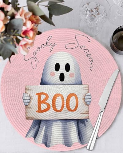Woven Placemats for Dining Table Set of 2 - 15 Inch Halloween Ghost Pink