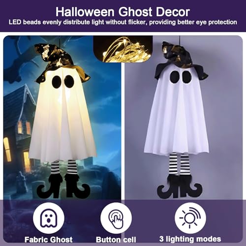 Halloween Outdoor Ghost Decorations with Witch Hat Lights - Spooky Yard Decor