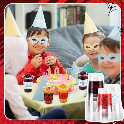 Red Blue Spider Web Plastic Cups 16oz - Birthday Party Decoration, 60 Pack