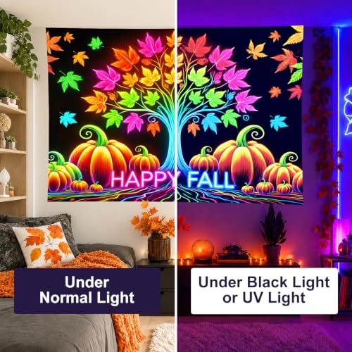Fall Blacklight Tree Tapestry with Pumpkins and Leaves - Happy Fall Pumpkin Variation