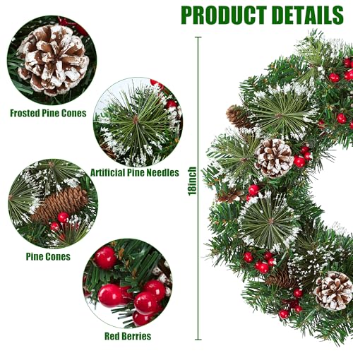 Artificial Christmas Wreath for Front Door - Green, 18 Inch Holiday Decor