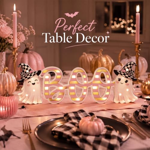 Pink Halloween LED Wooden Sign - Ghost Design, Rustic Home Decor, 3x4 Inches - Variation: Pink Ghost