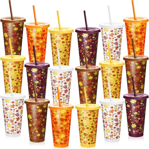 20 Pack Fall Plastic Coffee Cups with Lids & Straws - Thanksgiving & Autumn Theme