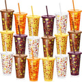 20 Pack Fall Plastic Coffee Cups with Lids & Straws - Thanksgiving & Autumn Theme