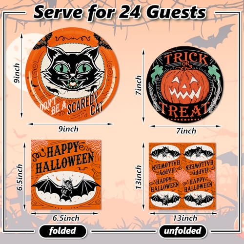 Halloween Disposable Dinnerware Set for 24 Guests - Pumpkin, Bat & Cat Design