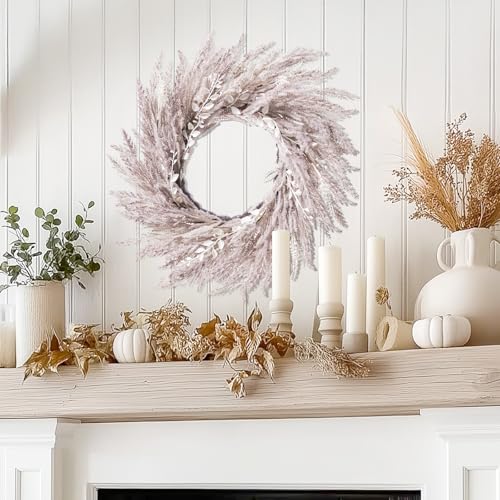 Fall Wreath for Front Door Wall Decor - Boho Pampas Grass, 24 Inch