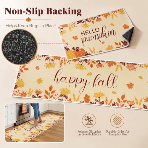 WERNNSAI Fall Kitchen Rugs Set of 2 - Brown Non-Slip Pumpkin Mat for Floor