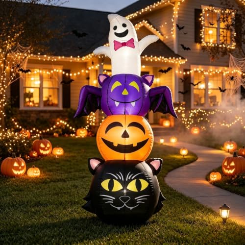 6 Ft Halloween Inflatable Ghost Bat Pumpkin and Cat Yard Decor with LED Lights
