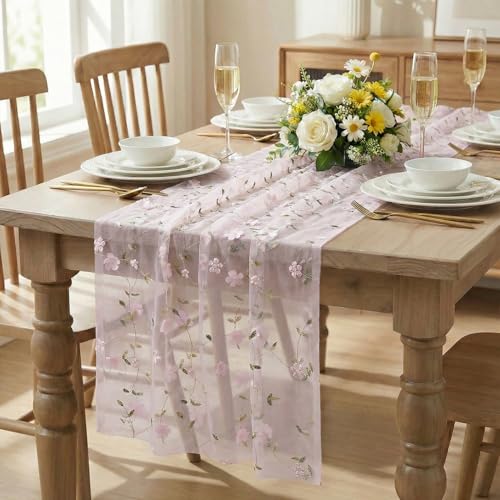 Pink 3D Flower Gauze Embroidery Table Runner - 28 x 120 Inch